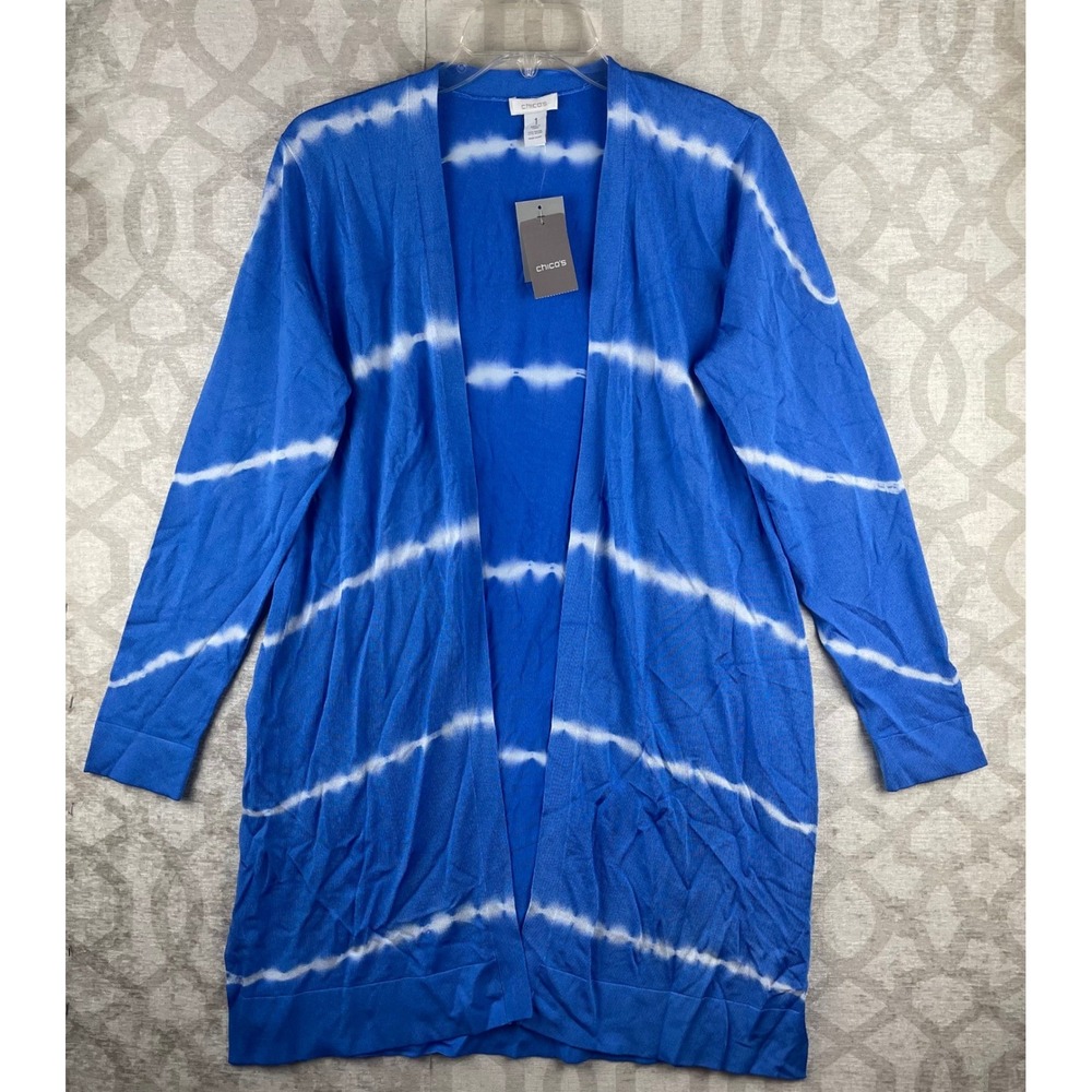 Chico's Rippling Wave Cardigan Womens 1 M Blue Tie Dye Open Front Sweater NEW